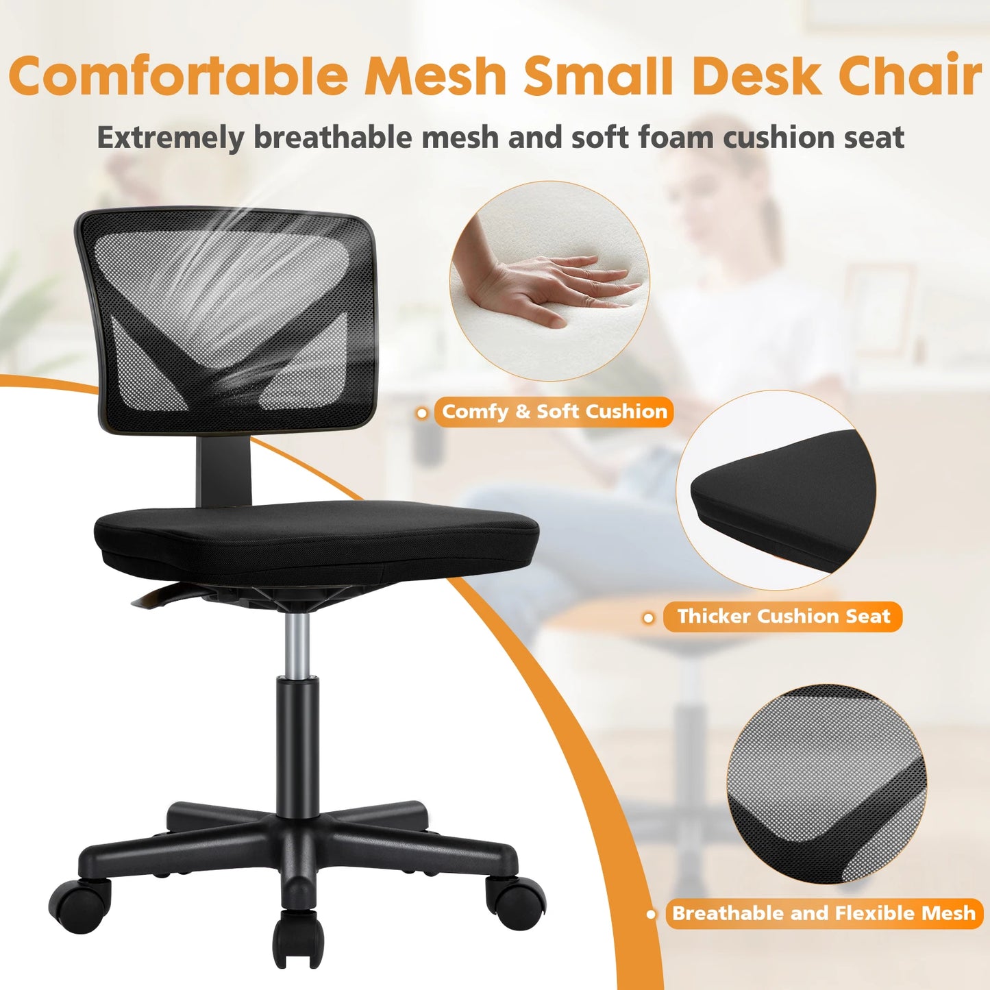 JHK Mesh Lumbar Support Armless Office Chair 360 Swivel