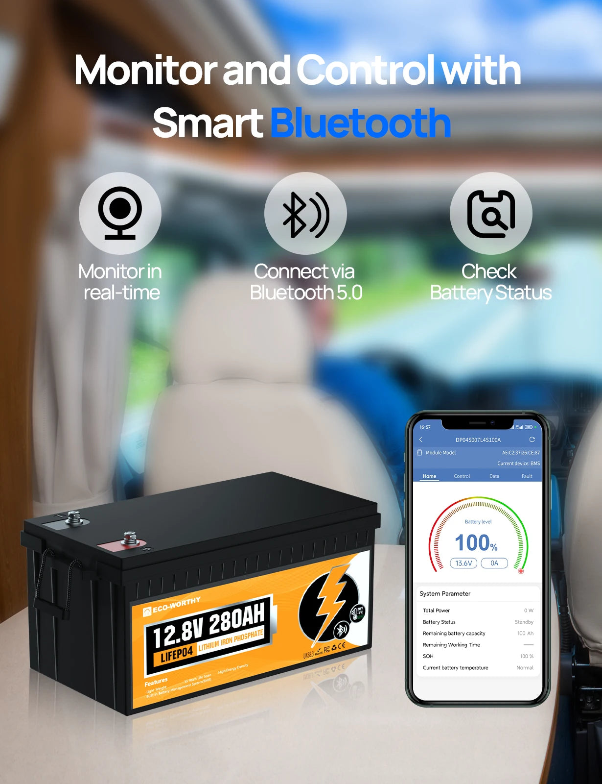 ECO-WORTHY 3584Wh 12V 280Ah LiFePO4 RV Battery w/Bluetooth & Low Temp Cutoff - Built-in 200A BMS - Deep Cycle for Camper, Traile