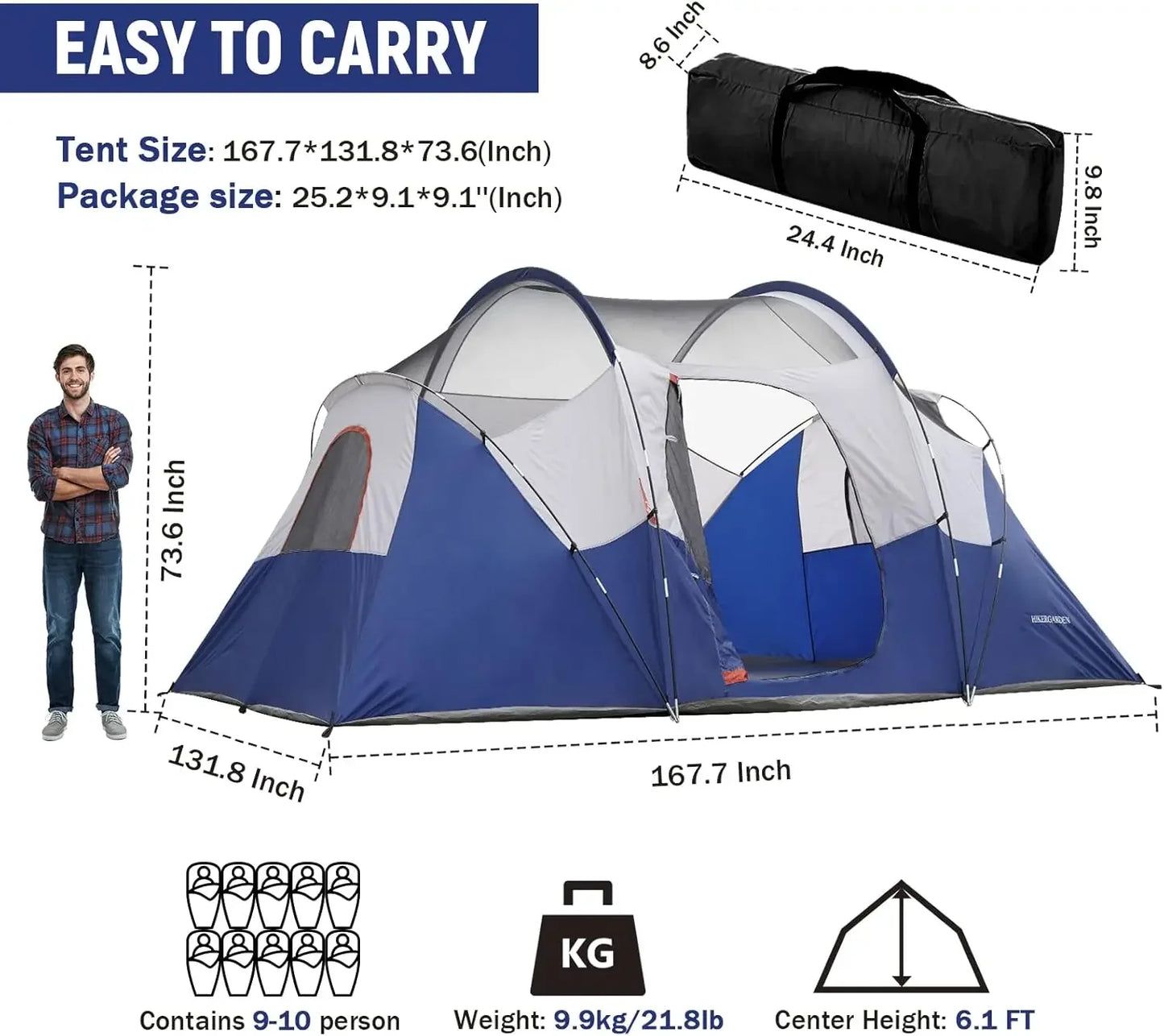 HIKERGARDEN 10 Person Camping Tent - Portable Easy Set Up Family Tent for Camp, Windproof Fabric Dome Tent Outdoor for Hiking