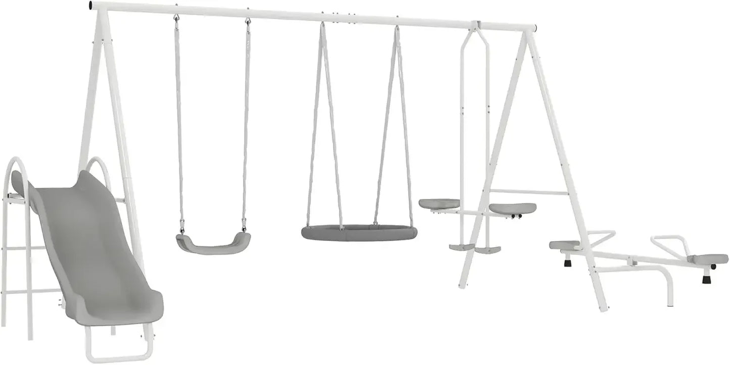 Swing Set for Backyard, 5 in 1 Heavy-Duty A-Frame Stand Outdoor Playset for Kids with 29.5" Saucer Swing, Slide, Seesaw, Glider