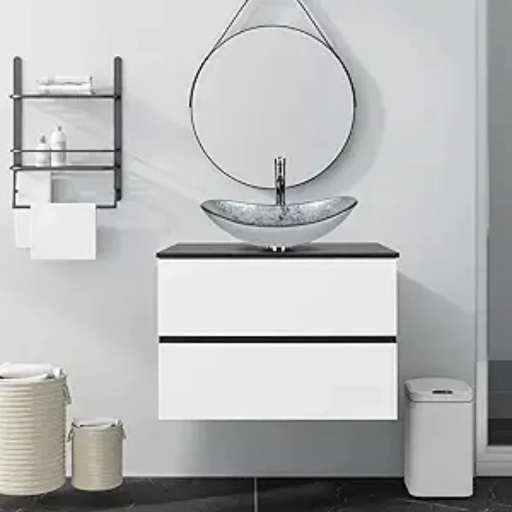 Wall Mounted Bathroom Vanity Cabinet With Drawers And Glass Sink
