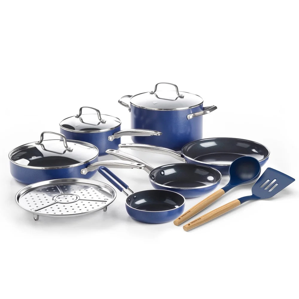 12-Piece Healthy Ceramic Nonstick Cookware Set Dishwasher Safe Lightweight Durable Includes Frypans Saucepans Stockpot Steamer