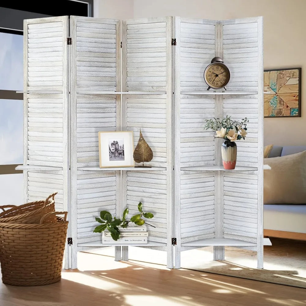 Room Divider with Shelves, Privacy Screen, Room Dividers and Folding Privacy Screens, 5 Panel Wood Temporary Wall Partition