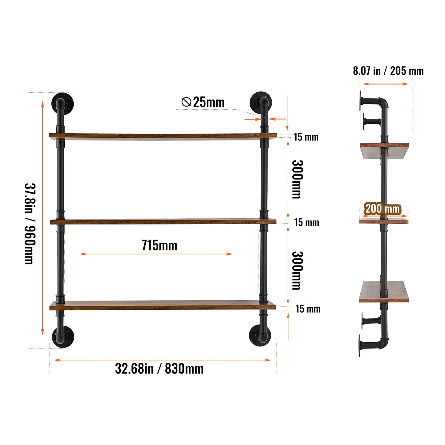 SucceBuy Industrial Pipe Shelf Wall Mount Floating Rustic Wood Shelves Brackets