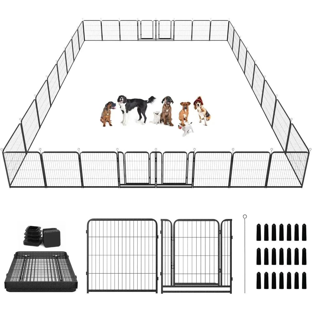 outdoor extra wide 32-panel heavy duty anti-rust dog fence with door, portable for rv, camping, and yard use