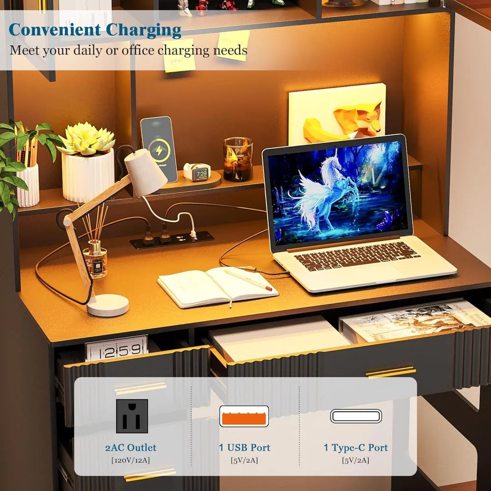 LED Study Desk With Hutch And Charging Station For Office