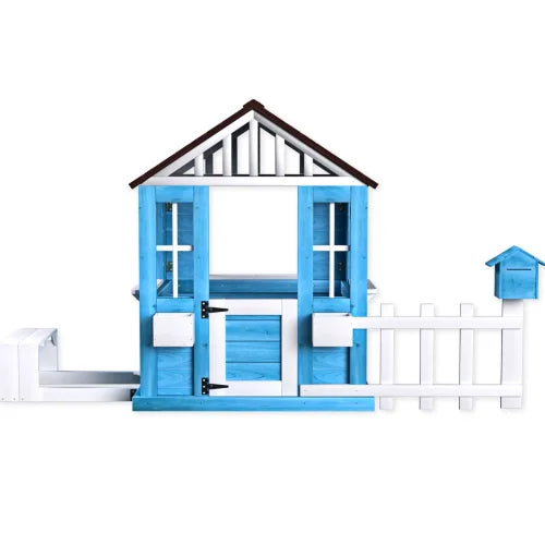 Outdoor Playhouse, Wooden Kids Play House w/Picnic Bench, Flowerpot Holders, Cottage Playhouse for Backyard, Garden, Lawn, Patio