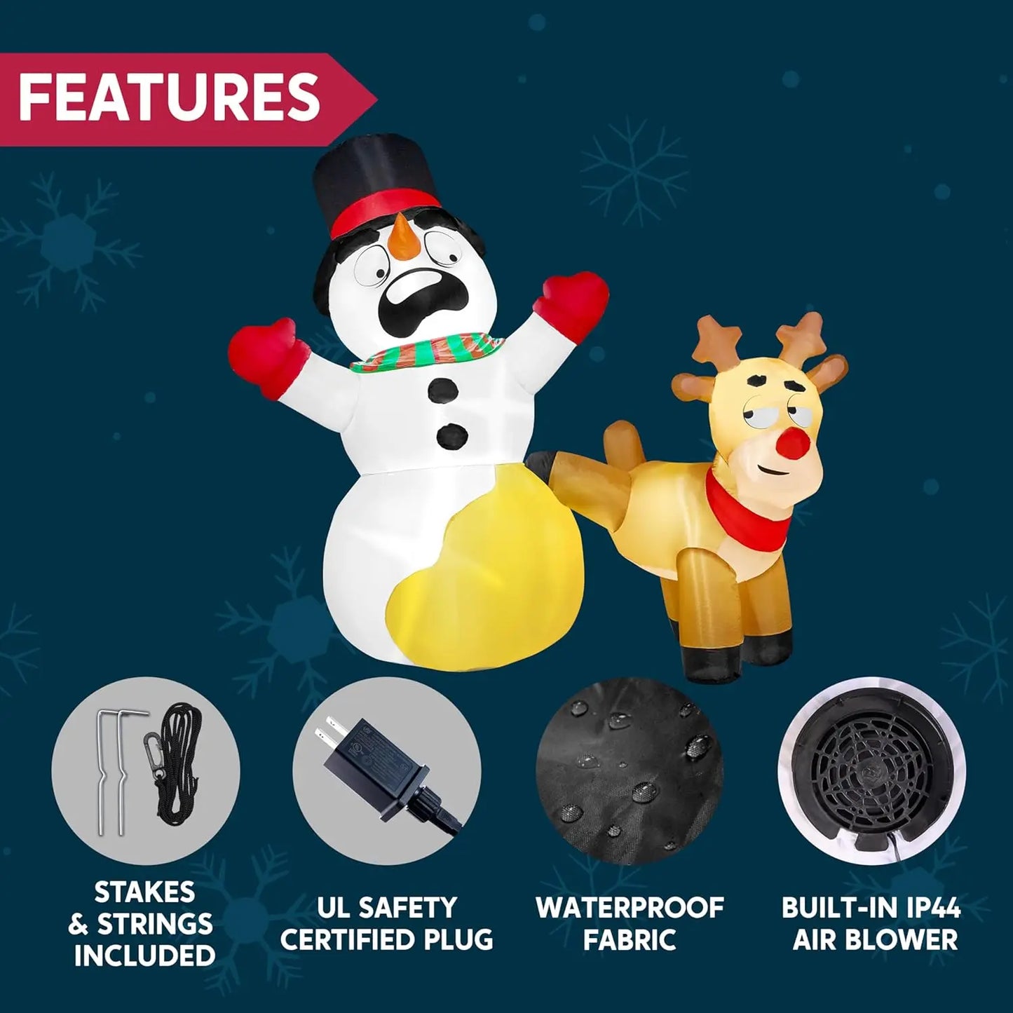 JOYFY 6.6 FT Long Christmas Inflatable Decoration Reindeer Peeing on Snowman with Build-in LEDs for Xmas Party Yard Garden Décor