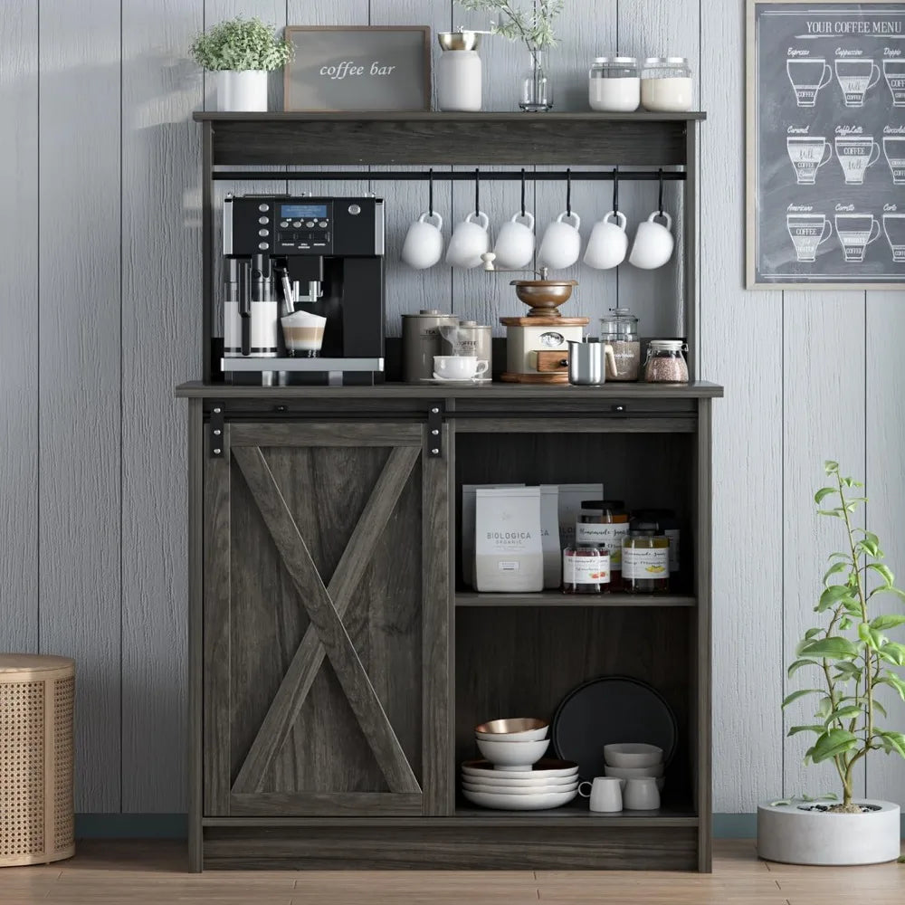 Farmhouse Coffee Bar with Hutch,Buffet Cabinet with Sliding Barn Door, Storage Bar Cabinet with  Hook Coffee Bar Table