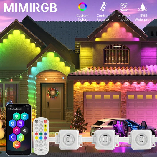 MIMIRGB Smart Permanent Outdoor LED Eaves Lights 180 LEDs Waterproof String Lights Remote Control and App Control for Parties