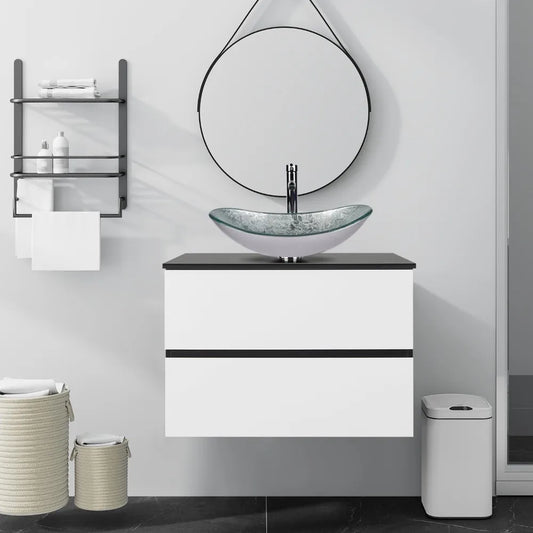 Wall Mounted Bathroom Vanity Cabinet With Drawers And Glass Sink