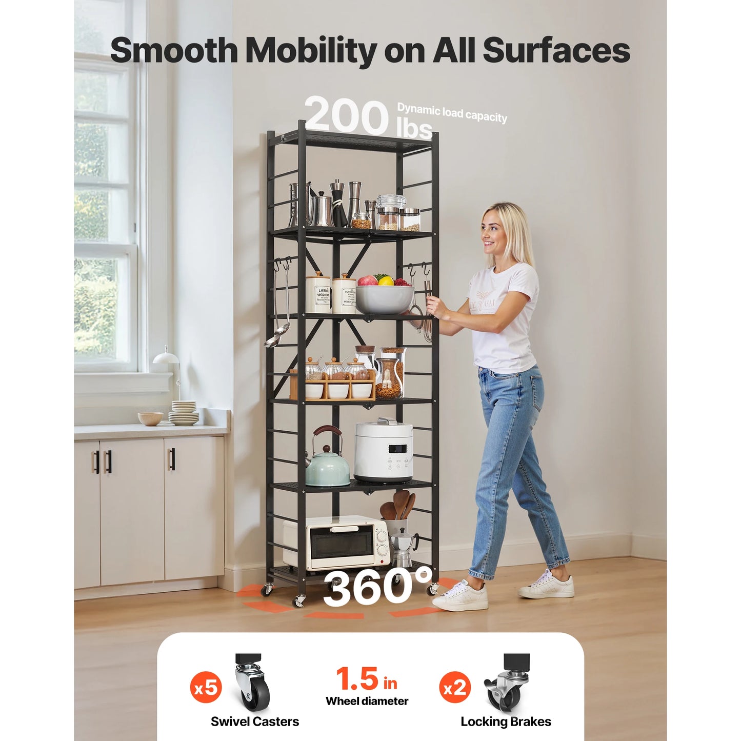 SucceBuy Foldable Storage Shelf With Wheels Three Tier