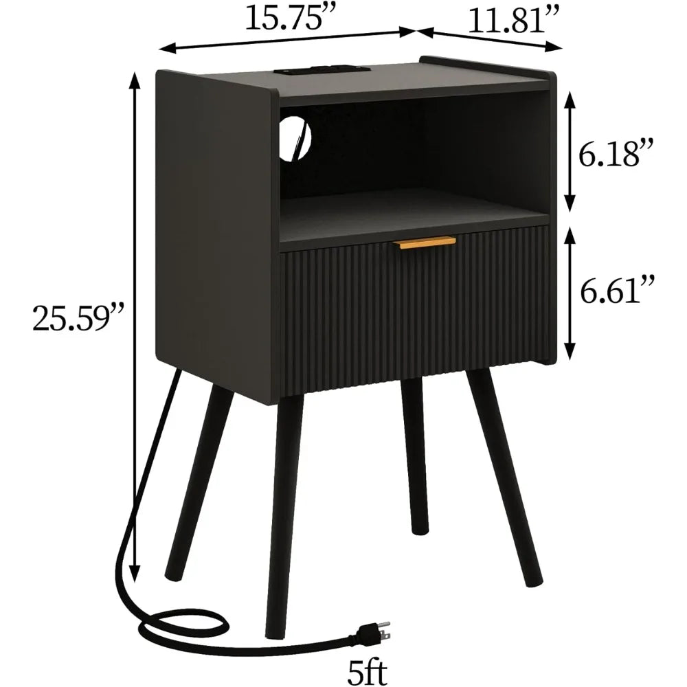 MKDK Nightstand With Outlet Modern Bedside Table And Storage