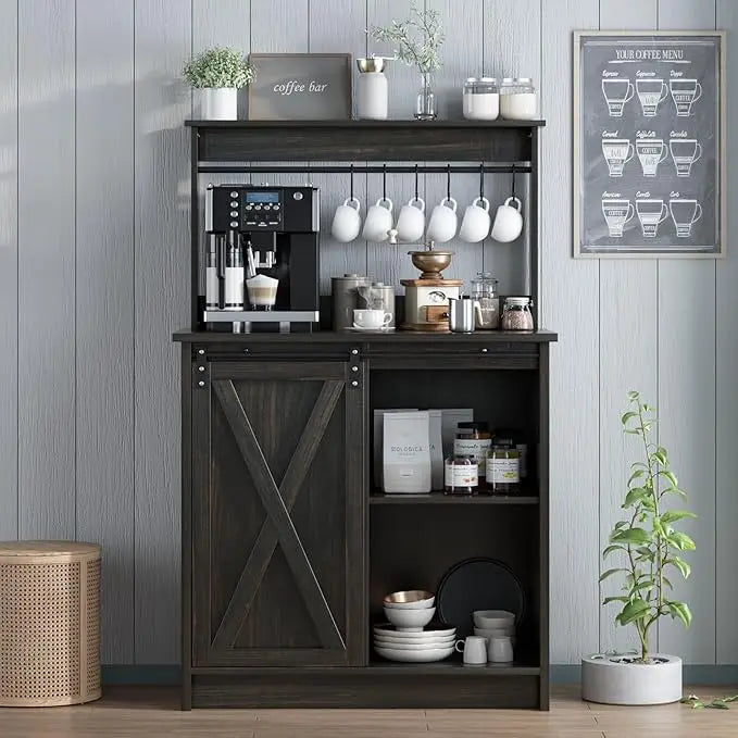 Farmhouse Coffee Bar with Hutch,Buffet Cabinet with Sliding Barn Door, Storage Bar Cabinet with  Hook Coffee Bar Table