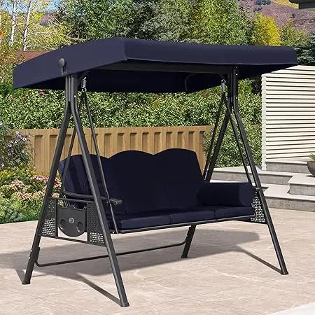 Outdoor Patio Porch Swing with Stand, 3-seat Swing Chair with Adjustable Tilt Canopy All-Weather Steel Frame for Backyard Front