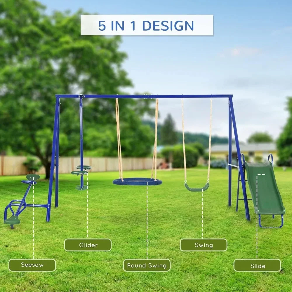Swing Set for Backyard, 5 in 1 Heavy-Duty A-Frame Stand Outdoor Playset for Kids with 29.5" Saucer Swing, Slide, Seesaw, Glider