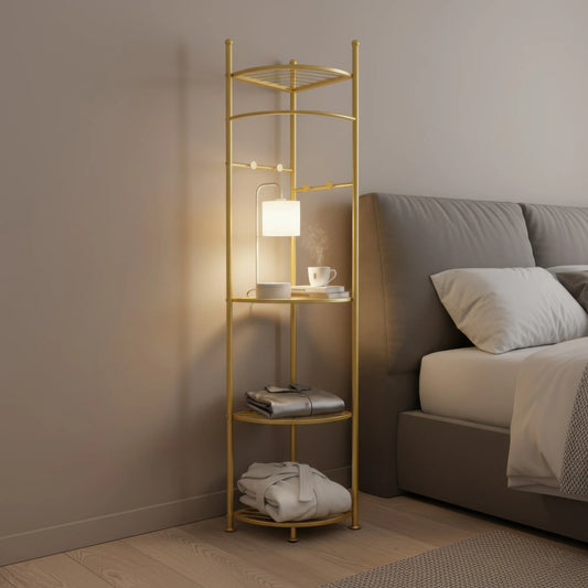 Metal Corner Coat Racks, Gold Clothing Racks Hall Tree, Freestanding Garment Rack with Hooks and Storage Shelf for Hallway