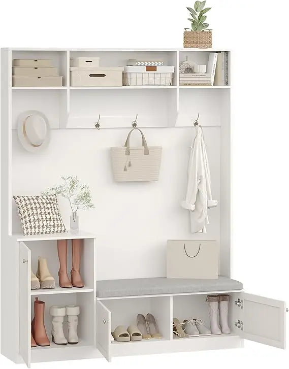 in Hall Tree 5-in-1 Modern Entryway Bench with Coat Rack & Storage, Hall Tree with 4 Hanging Hooks, 3 Open Compartments & Adjust