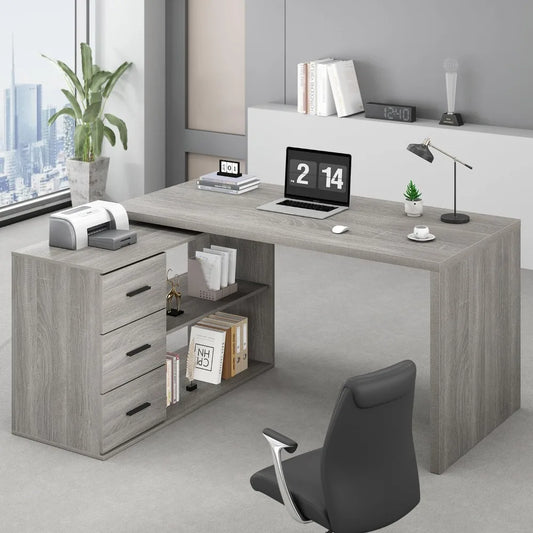L Shape Desk With Drawers And Storage Cabinet Shelves
