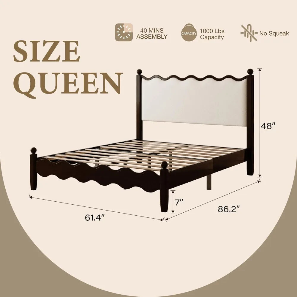 Frame Leather Upholstered Wood Bed Frame With Vintage Wave Headboard