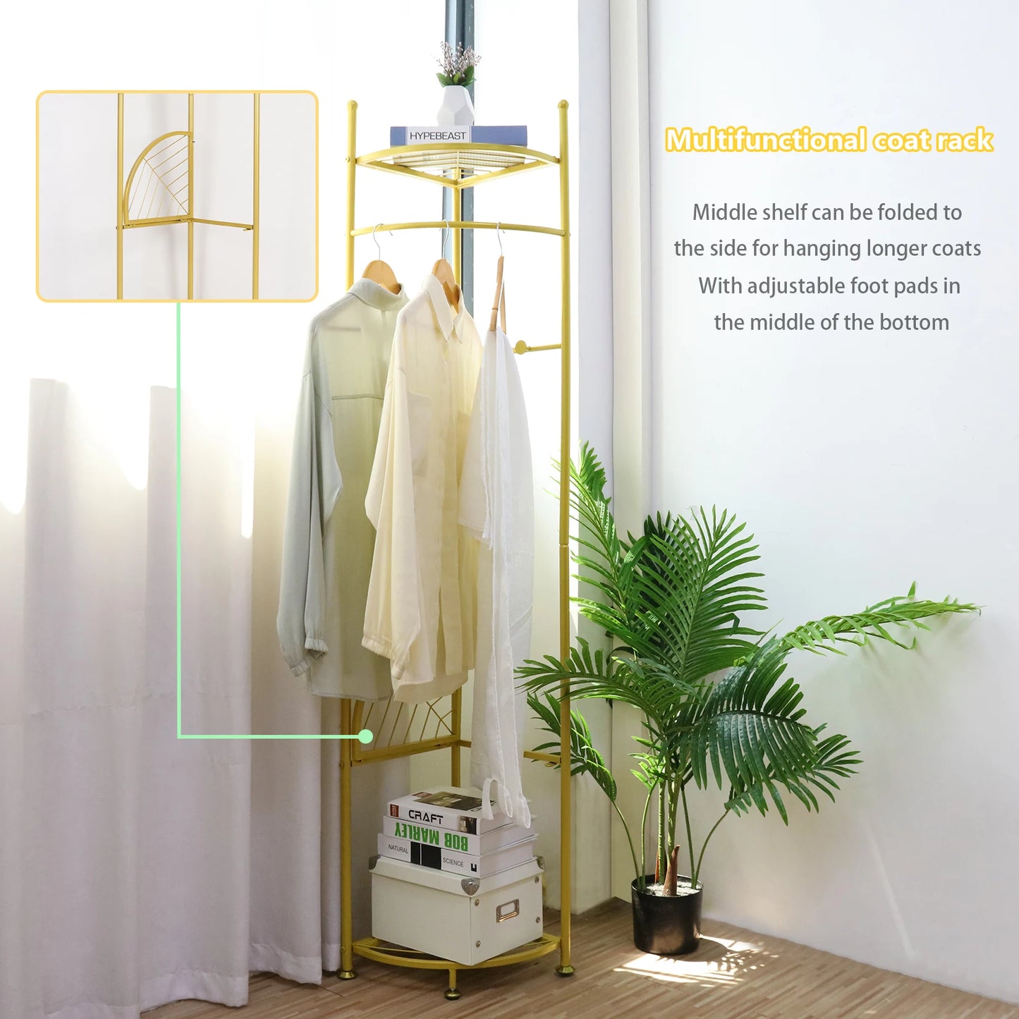 Metal Corner Coat Racks, Gold Clothing Racks Hall Tree, Freestanding Garment Rack with Hooks and Storage Shelf for Hallway