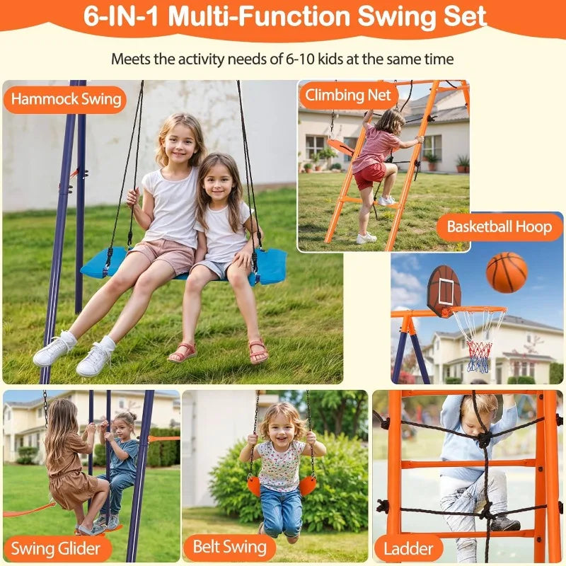 Nova Microdermabrasion Outdoor Metal Swing Set for Kids, Metal Playground Set with Climbing Ladder,Trapeze Bar & Basketball Hoop