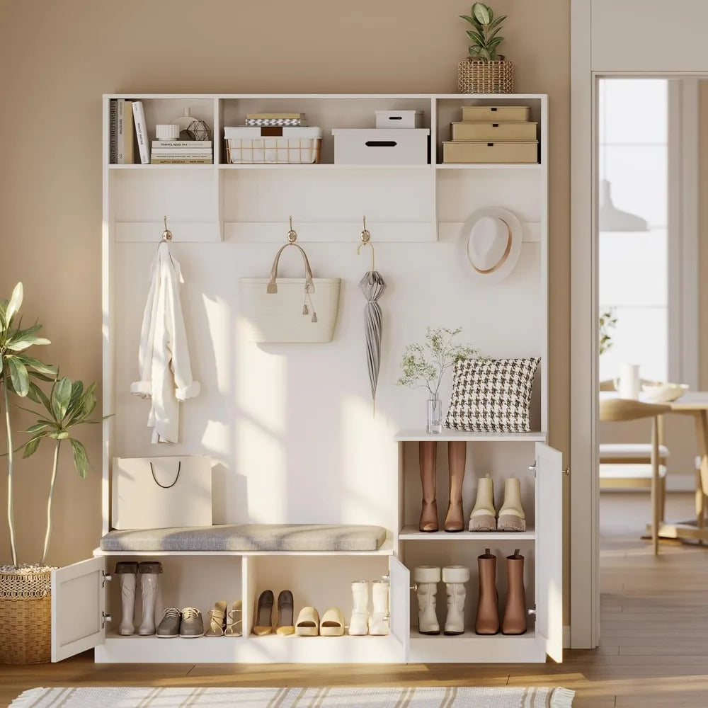 in Hall Tree 5-in-1 Modern Entryway Bench with Coat Rack & Storage, Hall Tree with 4 Hanging Hooks, 3 Open Compartments & Adjust