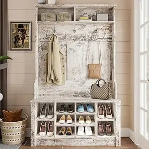 Hall Tree with Storage Bench, 3-in-1 Entryway Bench with Coat Rack, Adjustable Shoe Storage and Hanging Hooks, Embossed White