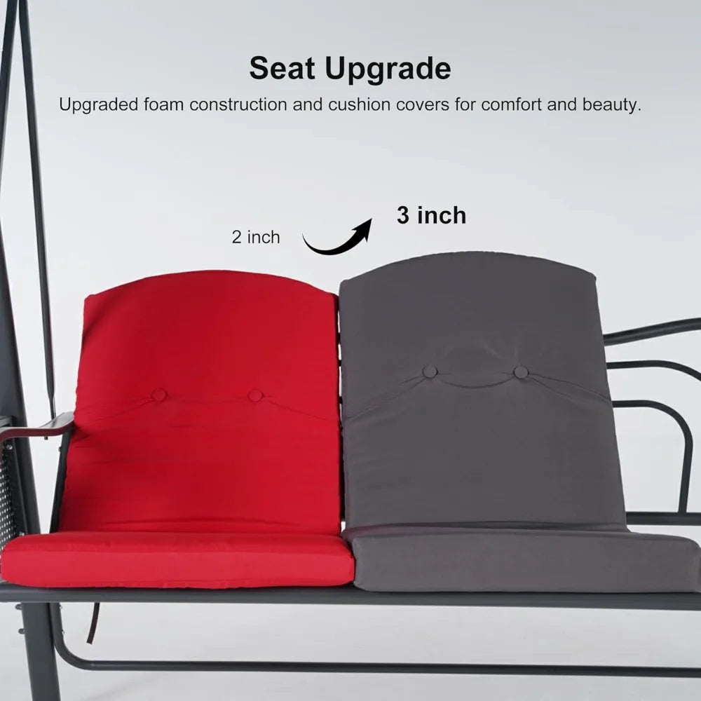 Outdoor Patio Porch Swing with Stand, 3-seat Swing Chair with Adjustable Tilt Canopy All-Weather Steel Frame for Backyard Front