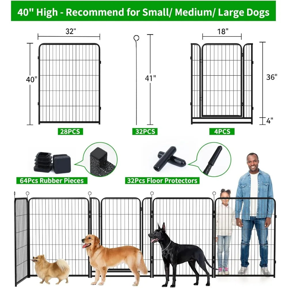 outdoor extra wide 32-panel heavy duty anti-rust dog fence with door, portable for rv, camping, and yard use