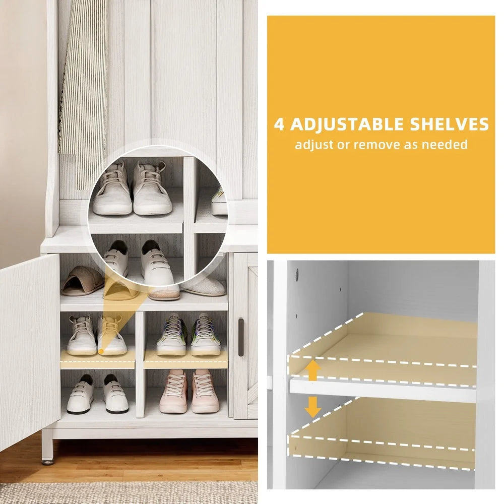 4-in-1 Hall Tree Coat Rack Storage Bench Shoe Cabinet Entryway Organizer with Adjustable Shelves Hooks Anti-Tip Design