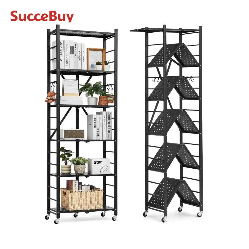 SucceBuy Foldable Storage Shelf With Wheels Three Tier