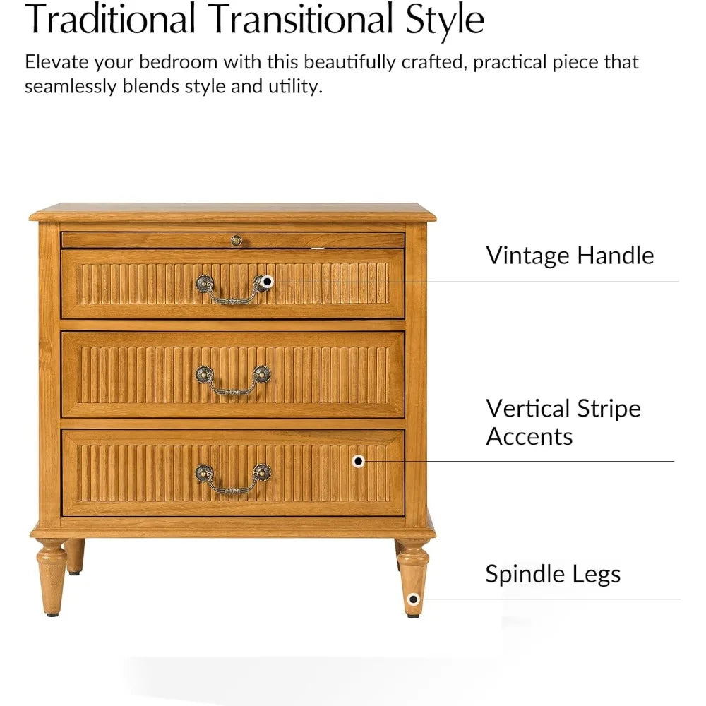 Transitional Nightstand With Charging Station And 3 Drawers