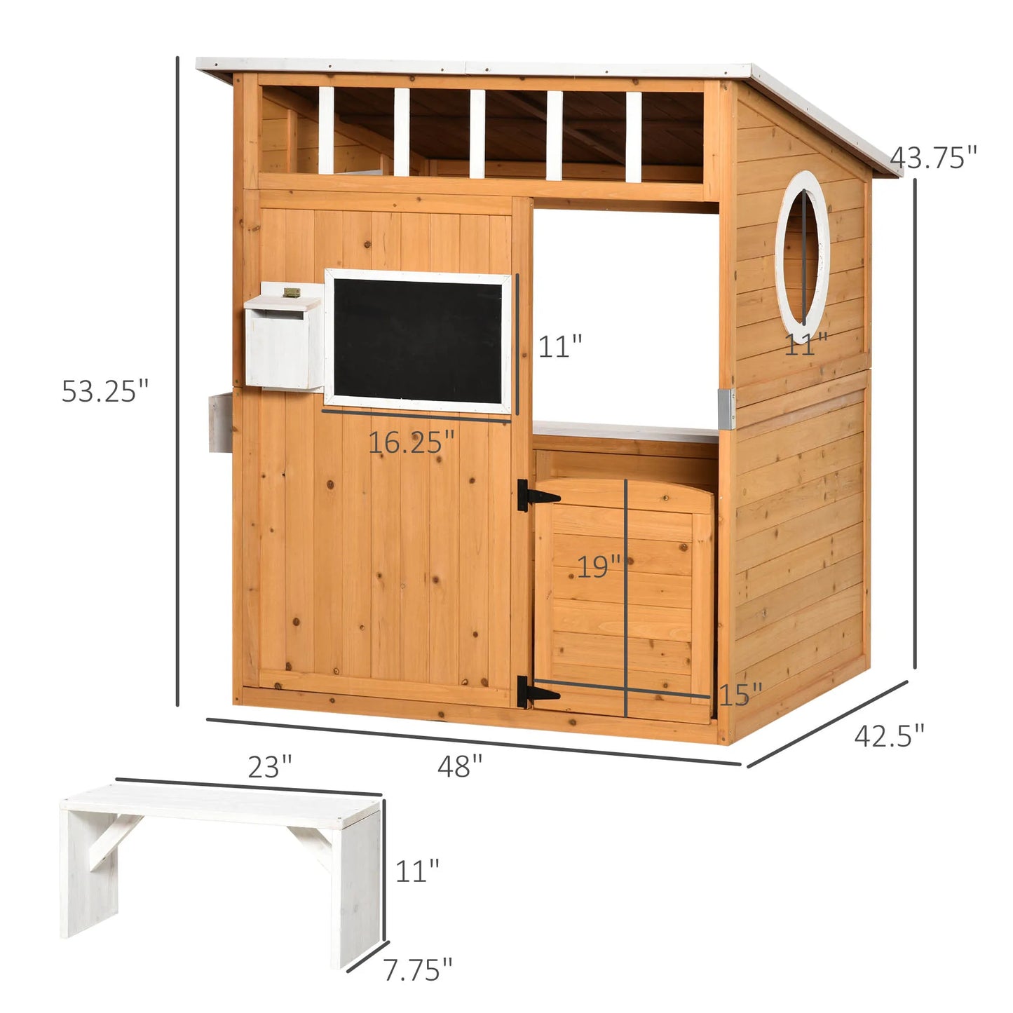 Outsunny Wooden Playhouse for Kids Outdoor with Working Door, Windows, Mailbox, Bench, Flowers Pot Holder, 48" X 42.5" X 53"