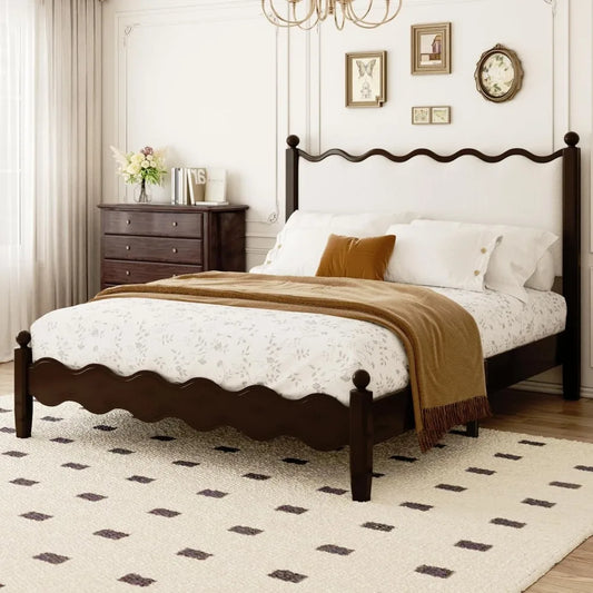 Frame Leather Upholstered Wood Bed Frame With Vintage Wave Headboard