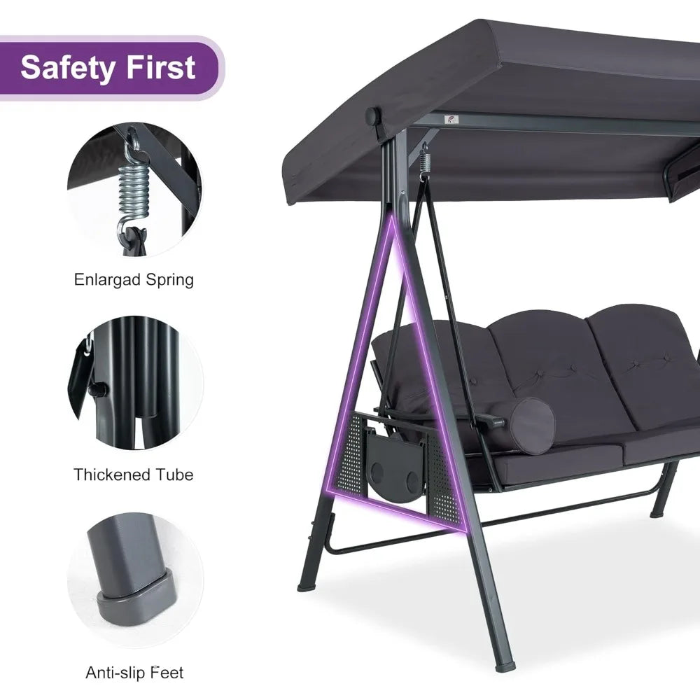 Outdoor Patio Porch Swing with Stand, 3-seat Swing Chair with Adjustable Tilt Canopy All-Weather Steel Frame for Backyard Front