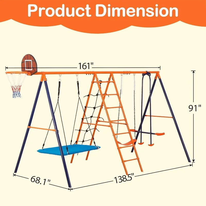 Nova Microdermabrasion Outdoor Metal Swing Set for Kids, Metal Playground Set with Climbing Ladder,Trapeze Bar & Basketball Hoop