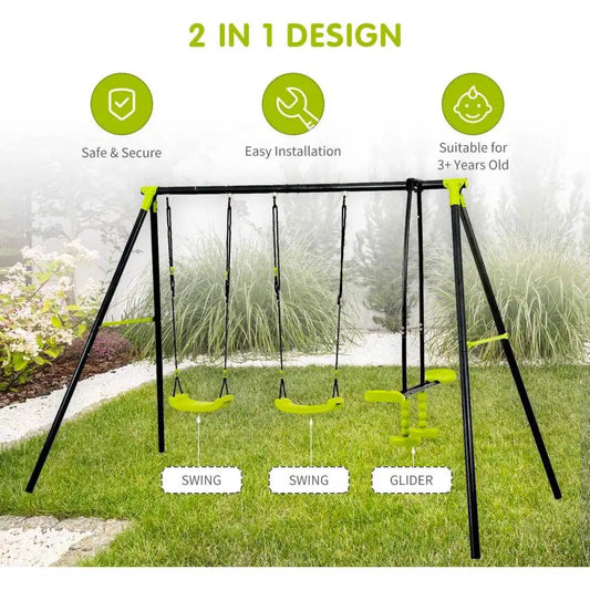 interesting triple children metal safe swing set 440lbs for outdoor playground three seat swing black and green for age 3+