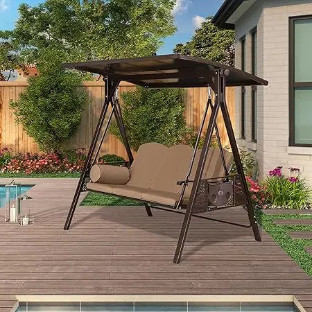 Outdoor Patio Porch Swing with Stand, 3-seat Swing Chair with Adjustable Tilt Canopy All-Weather Steel Frame for Backyard Front