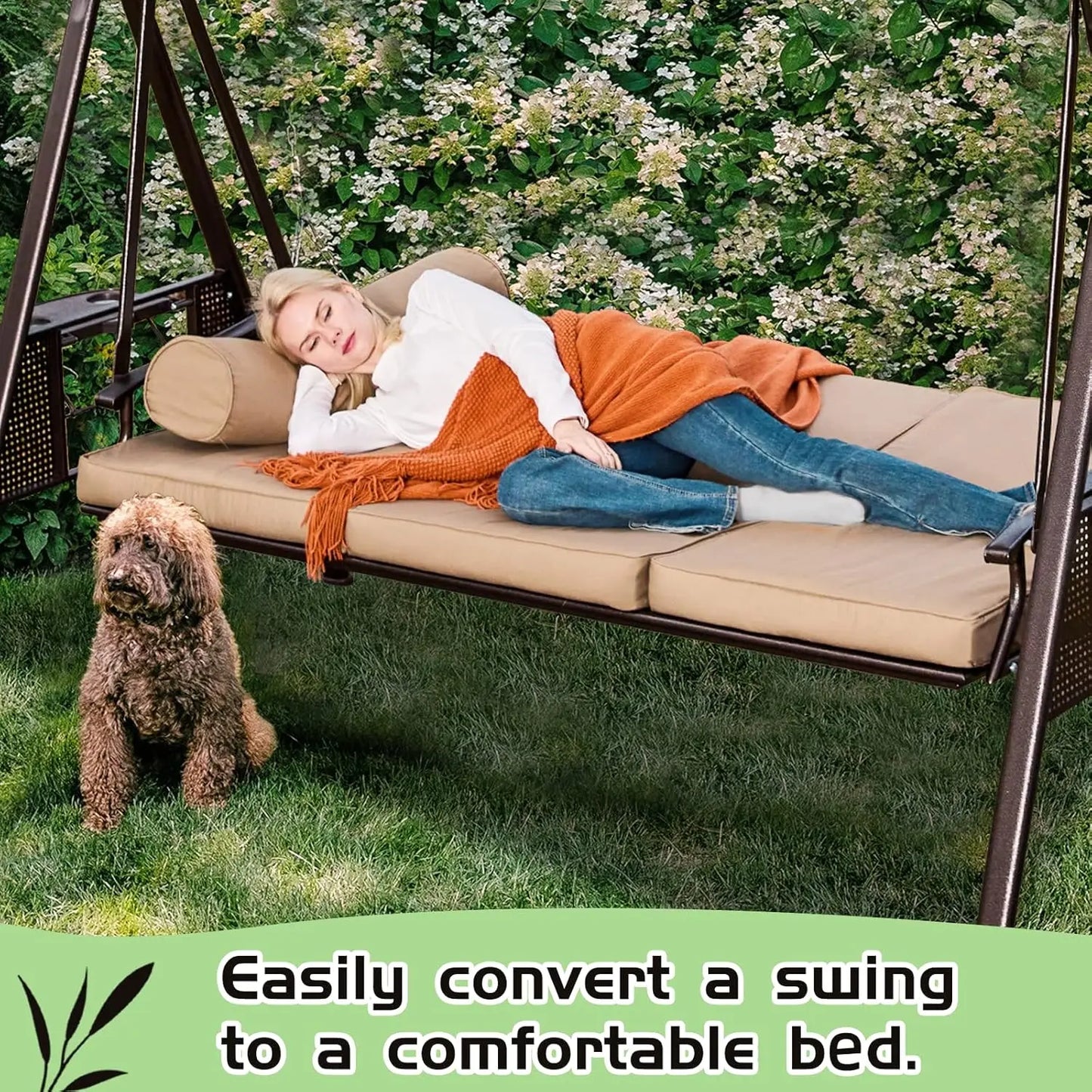 3 Seat Patio Swing with 2 Side Cup Holder, 3-in-1 Convertible Backrest Swing Bed with Cushion, 2 Pillows