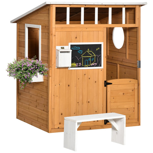 Outsunny Wooden Playhouse for Kids Outdoor with Working Door, Windows, Mailbox, Bench, Flowers Pot Holder, 48" X 42.5" X 53"