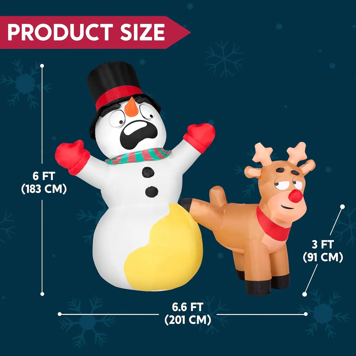 JOYFY 6.6 FT Long Christmas Inflatable Decoration Reindeer Peeing on Snowman with Build-in LEDs for Xmas Party Yard Garden Décor