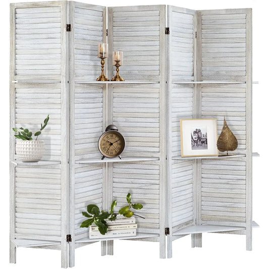Room Divider with Shelves, Privacy Screen, Room Dividers and Folding Privacy Screens, 5 Panel Wood Temporary Wall Partition