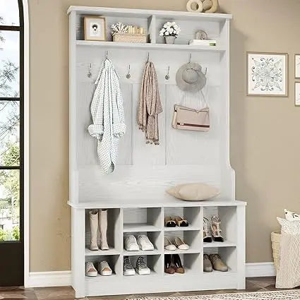Hall Tree with Storage Bench, 3-in-1 Entryway Bench with Coat Rack, Adjustable Shoe Storage and Hanging Hooks, Embossed White