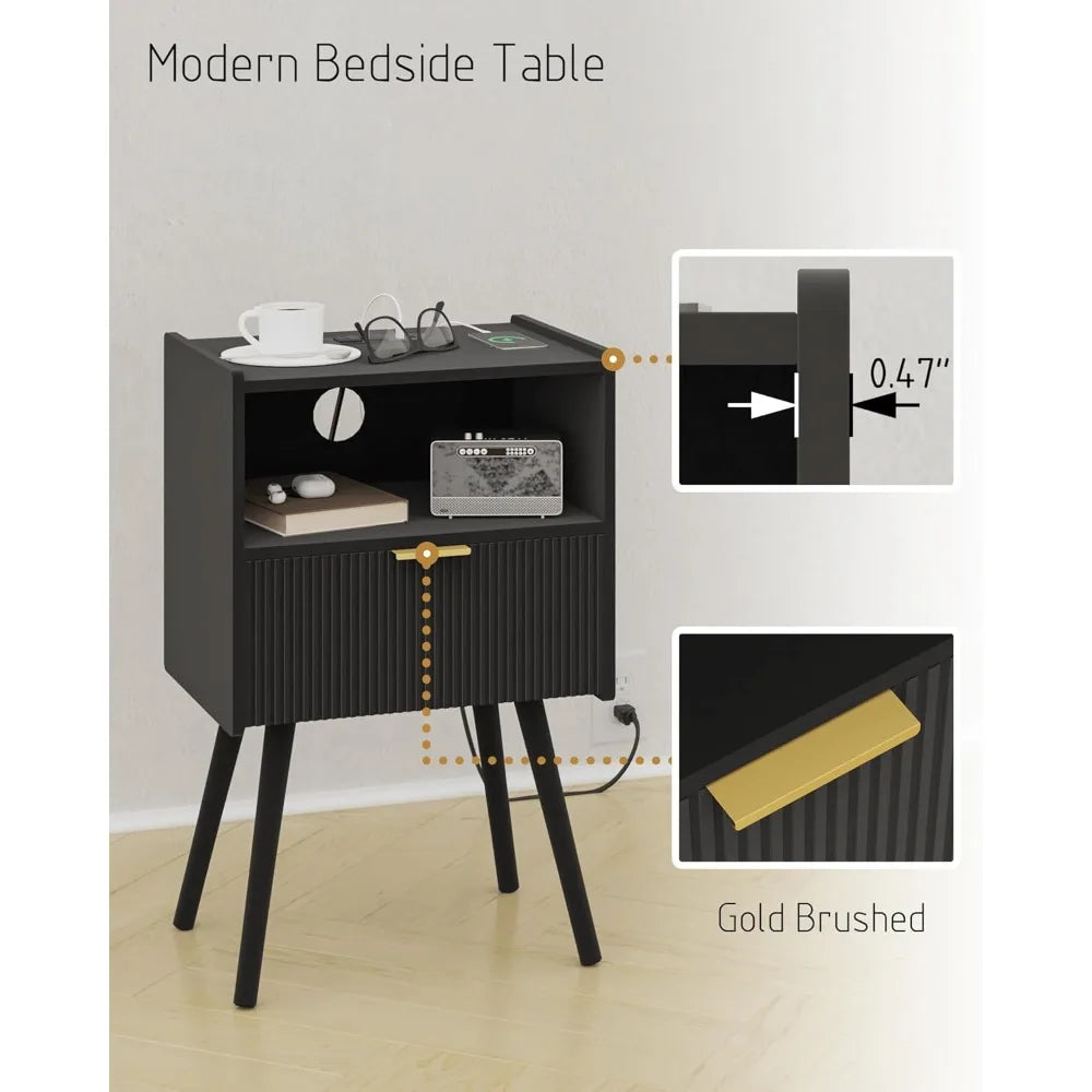 MKDK Nightstand With Outlet Modern Bedside Table And Storage