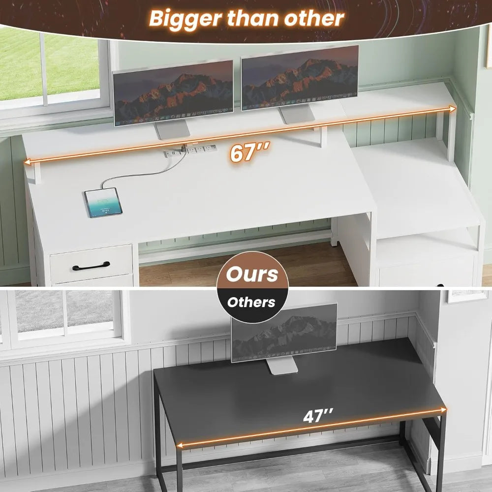 DAFIFY Modern Office Desk With 5 Drawers And Power Outlet