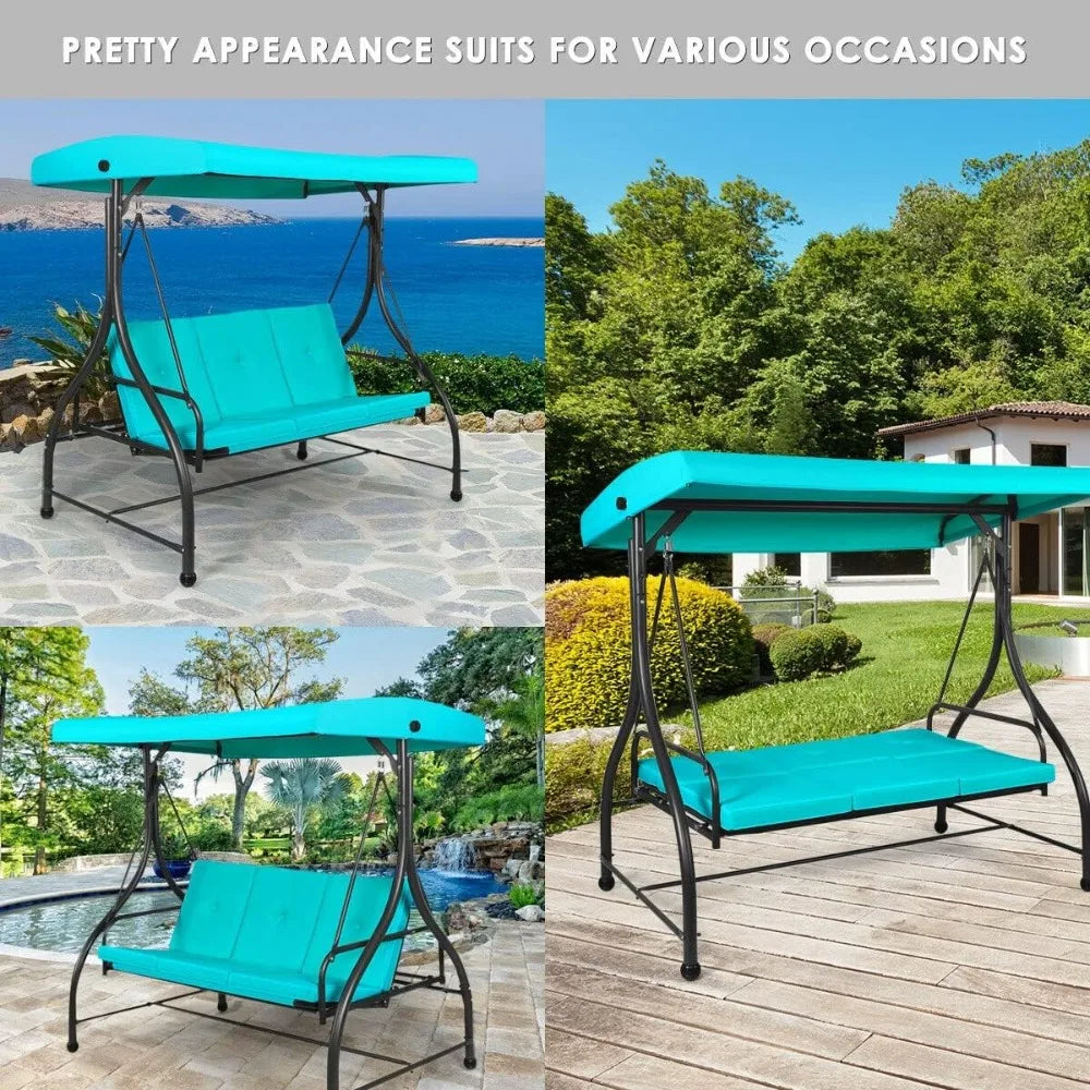 3 Seats Porch Swings, Outdoor Swing Chairs with Adjustable Tilt Canopy and Cushions, Heavy Duty Patio Swing for Outside Inside K