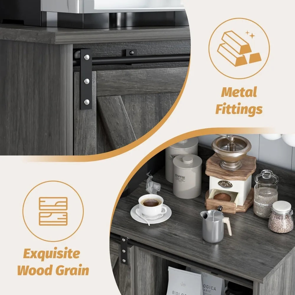 Farmhouse Coffee Bar with Hutch,Buffet Cabinet with Sliding Barn Door, Storage Bar Cabinet with  Hook Coffee Bar Table