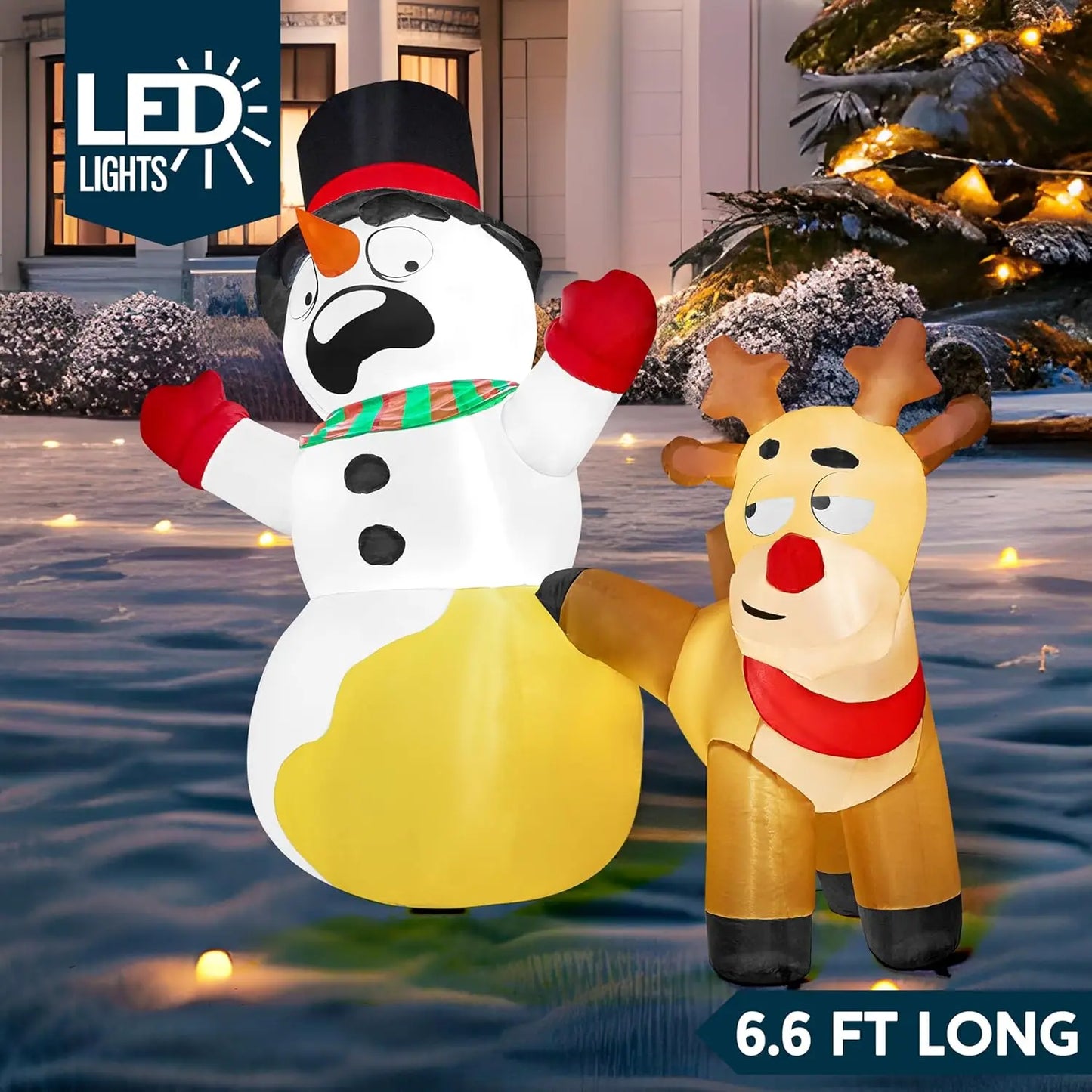 JOYFY 6.6 FT Long Christmas Inflatable Decoration Reindeer Peeing on Snowman with Build-in LEDs for Xmas Party Yard Garden Décor