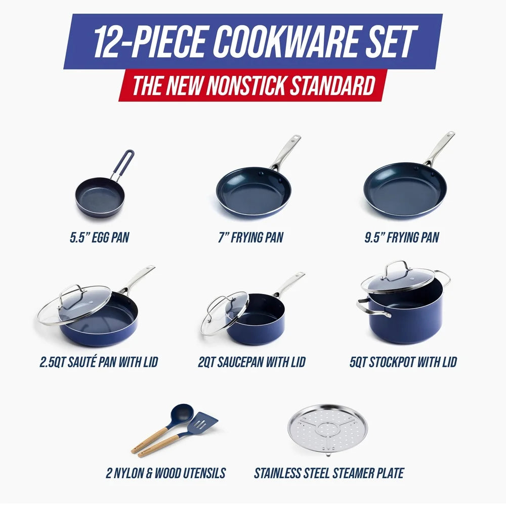 12-Piece Healthy Ceramic Nonstick Cookware Set Dishwasher Safe Lightweight Durable Includes Frypans Saucepans Stockpot Steamer